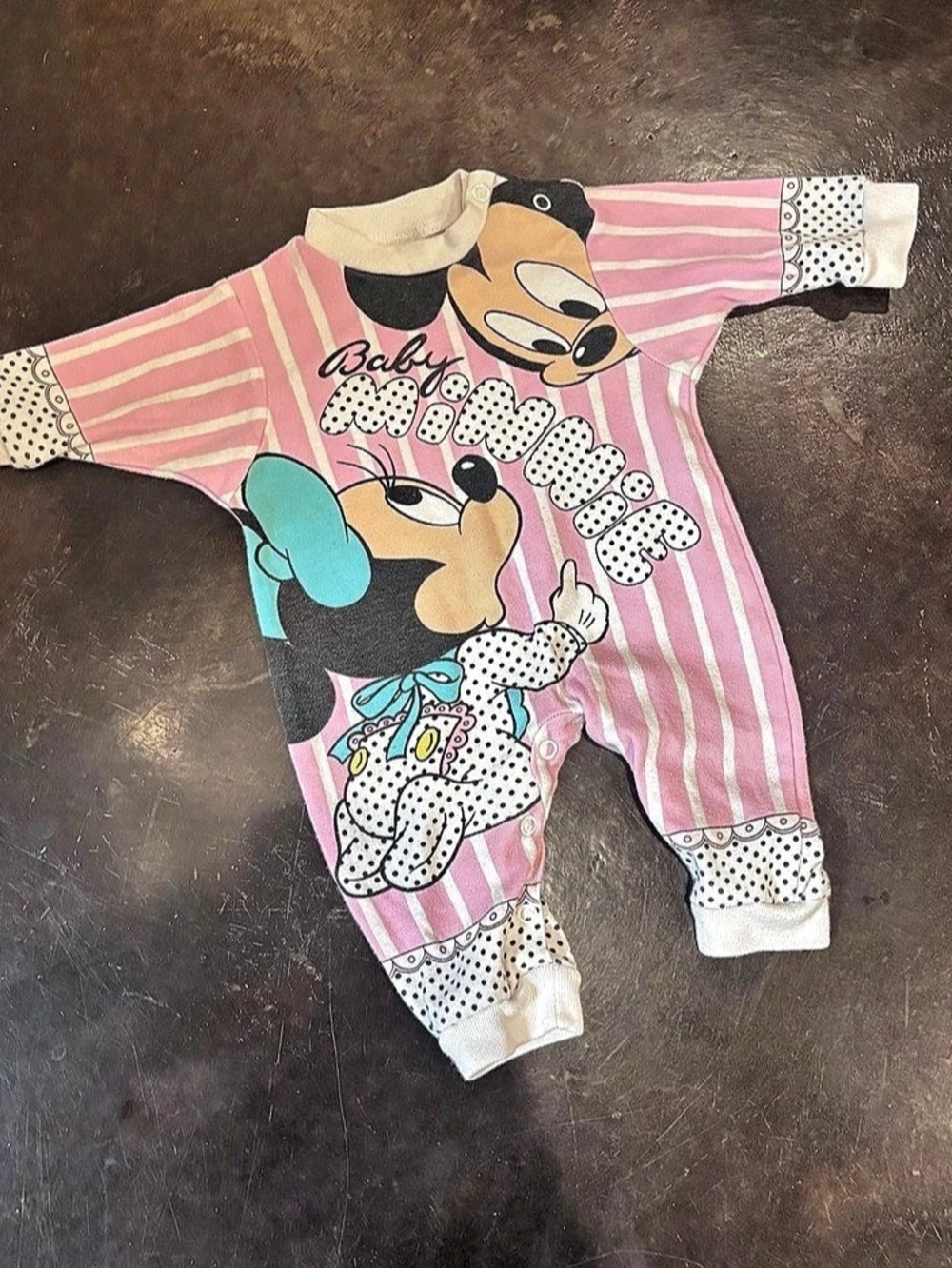 Vintage Rare 80s 90s Disney Baby Minnie Mouse Pink Striped Footie 0-6Months